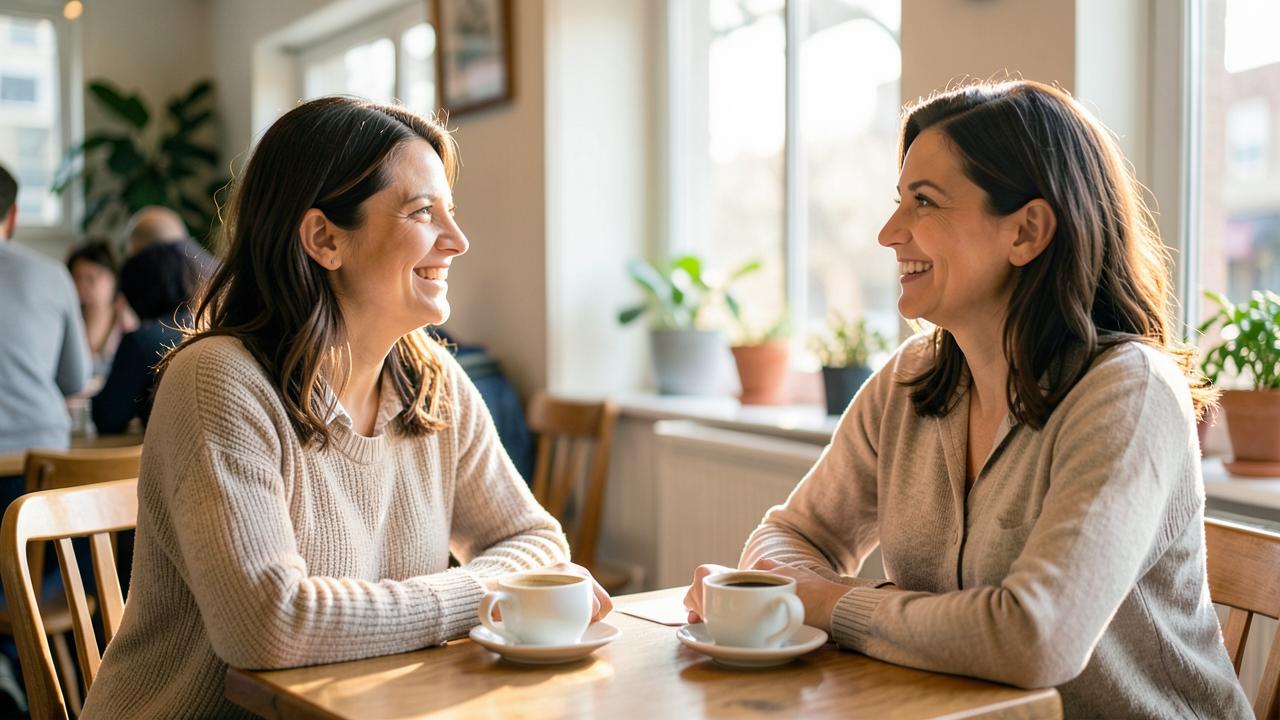 Two women meeting over coffee in a sunlit cafe and laughing together