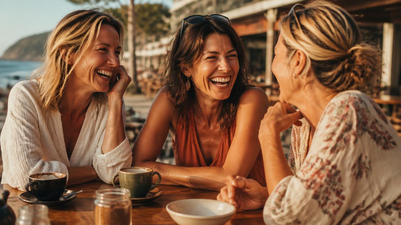 Three women laughing together over coffee in warm afternoon light