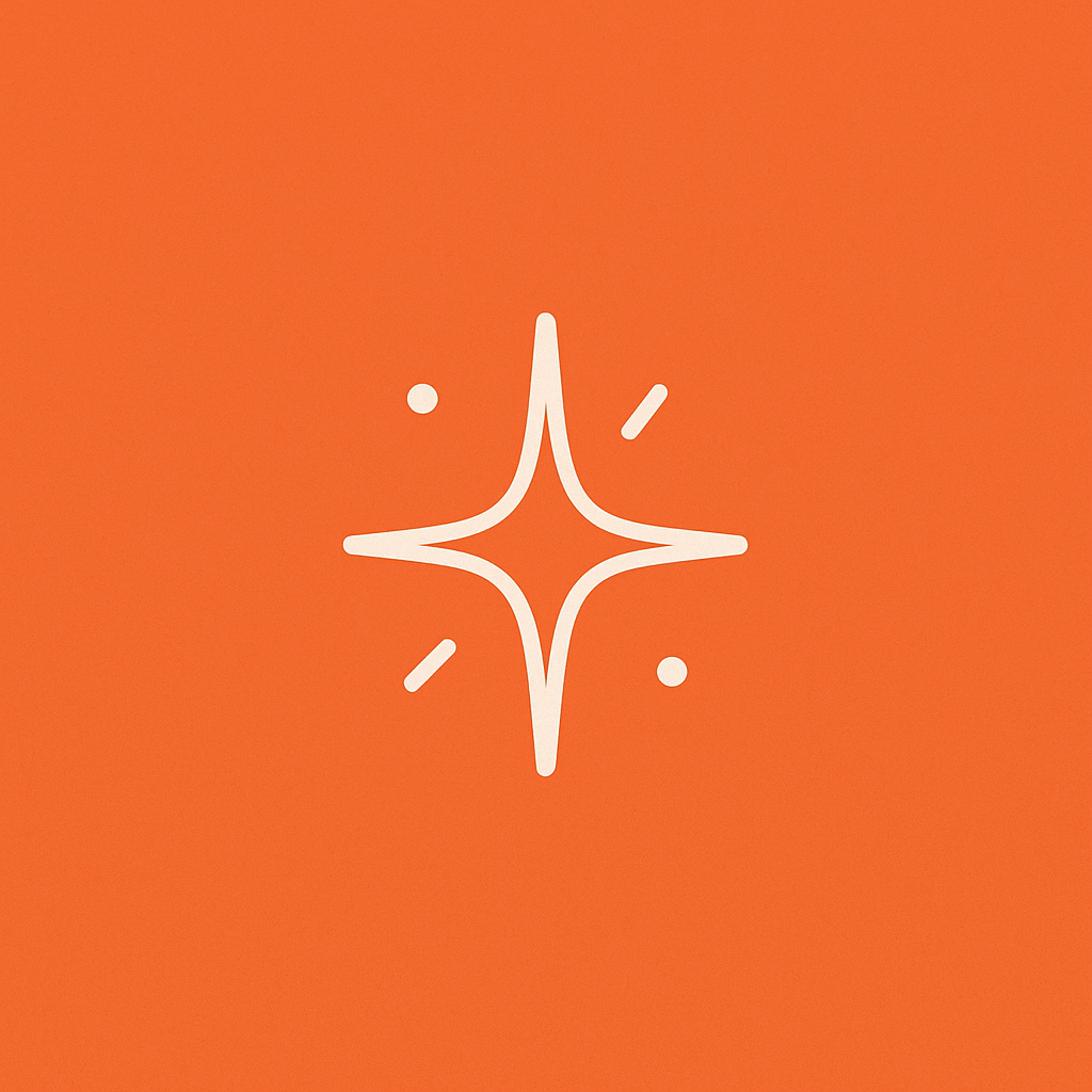 An orange background featuring a white starburst symbol in the center, surrounded by small circular accents.