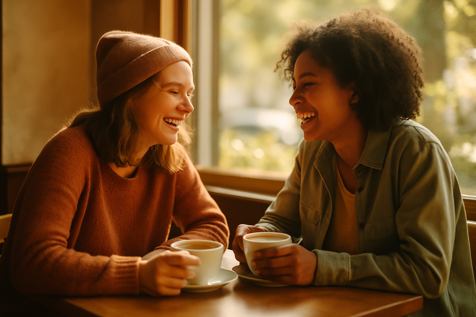 Two women laughing and enjoying coffee together at a cafe, creating a warm and inviting atmosphere.